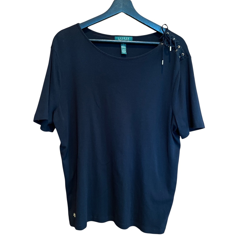 Lauren‎ Ralph Lauren Black Lace Up Shoulder Short Sleeve Cotton Top 1X